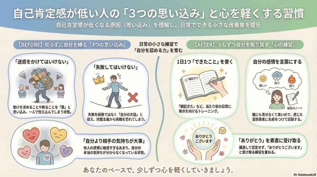自己肯定感が低い人に共通する「3つの思い込み」と、少しずつ変えていく方法